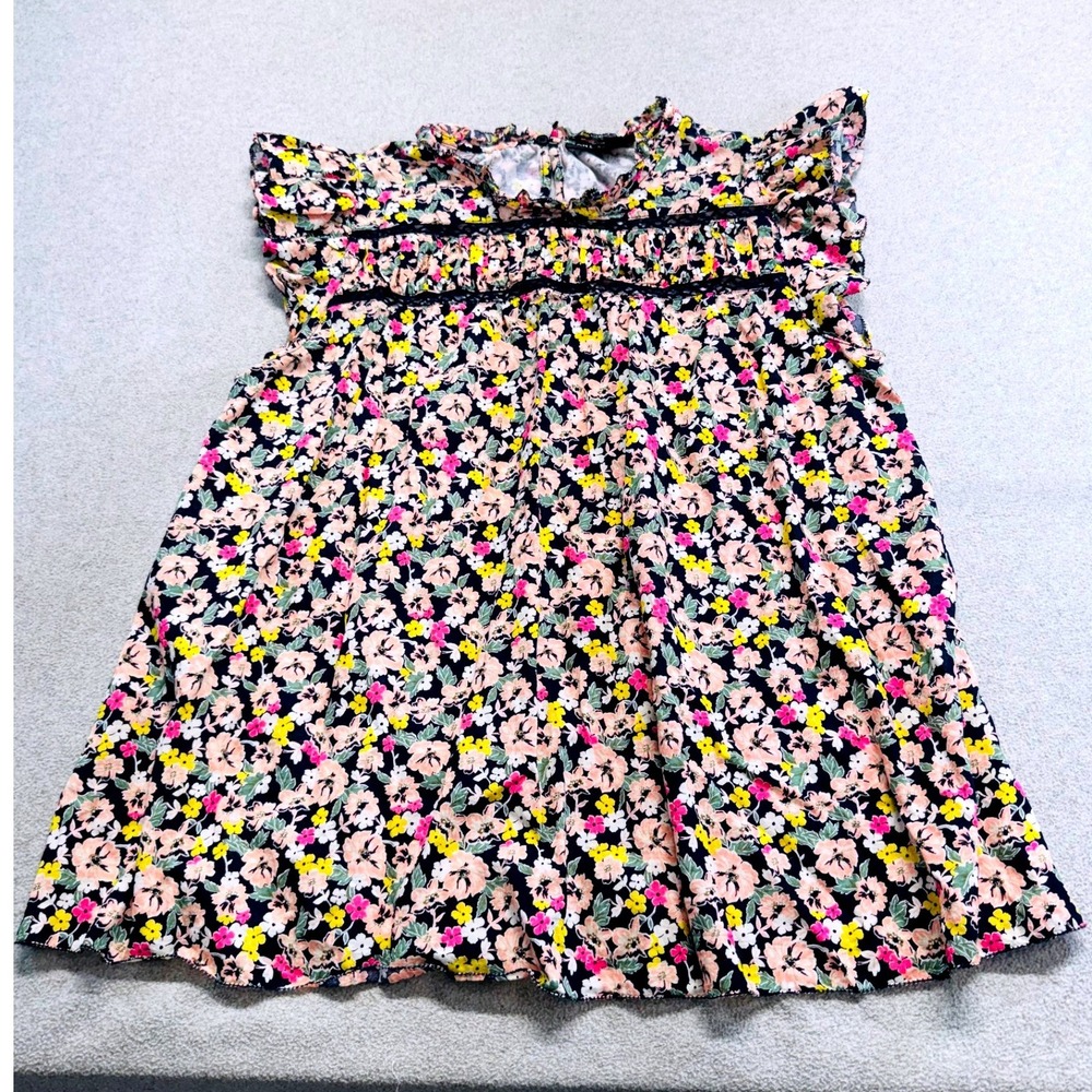 Lane Bryant Womens 14 Floral Blouse Ruffle Sleeve Navy Pink Boho Romantic Flowy